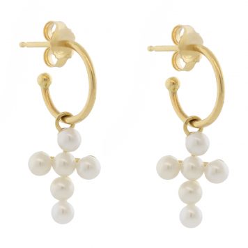 Mizuki: Earrings, Small Freshwater Pearl Cross Hoops, 3mm, .06ct, 14k