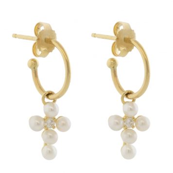 Mizuki: Earrings, Small Freshwater Pearl and Diamond Cross Hoops, 2.5mm, .06ct, 14k