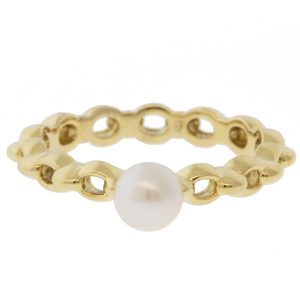 Mizuki: Ring, Chain Link with Freshwater Pearl, 14K, Size 6.5