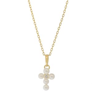 Mizuki:  Necklace, 14kt Chain with Freshwater Pearl Cross & Diamond, 2.5mm, .03 ct, 14.5-16"