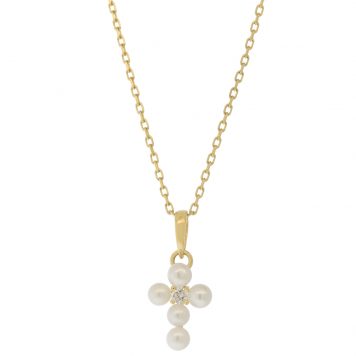 Mizuki:  Necklace, 14kt Chain with Freshwater Pearl Cross & Diamond, 2.5mm, .03 ct, 14.5-16"