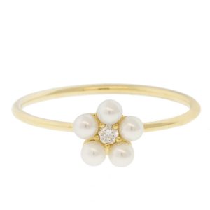 Mizuki: Ring, Freshwater Pearl and Diamond Flower .03ct, Size 6.5
