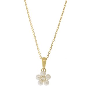 Mizuki:  Necklace, 14kt Chain with Freshwater Pearl Daisy & Diamond, 2.5mm, .03 ct, 14.5-16"