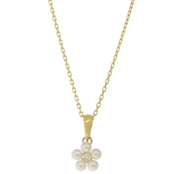 Mizuki:  Necklace, 14kt Chain with Freshwater Pearl Daisy & Diamond, 2.5mm, .03 ct, 14.5-16"