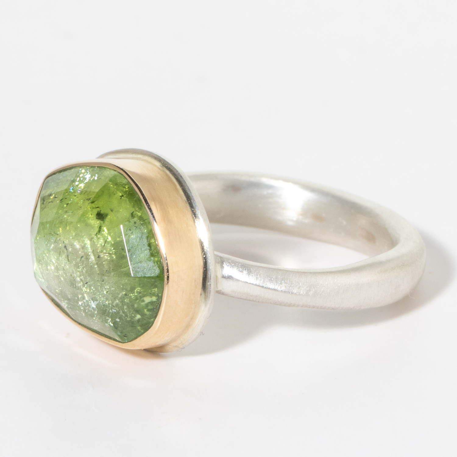 Jamie Joseph: Sterling & 14K Gold Ring w/ Small Asymmetrical Faceted GREEN TOURMALINE on Egyptian Band, size 7.5, 3/8" x 1/2"