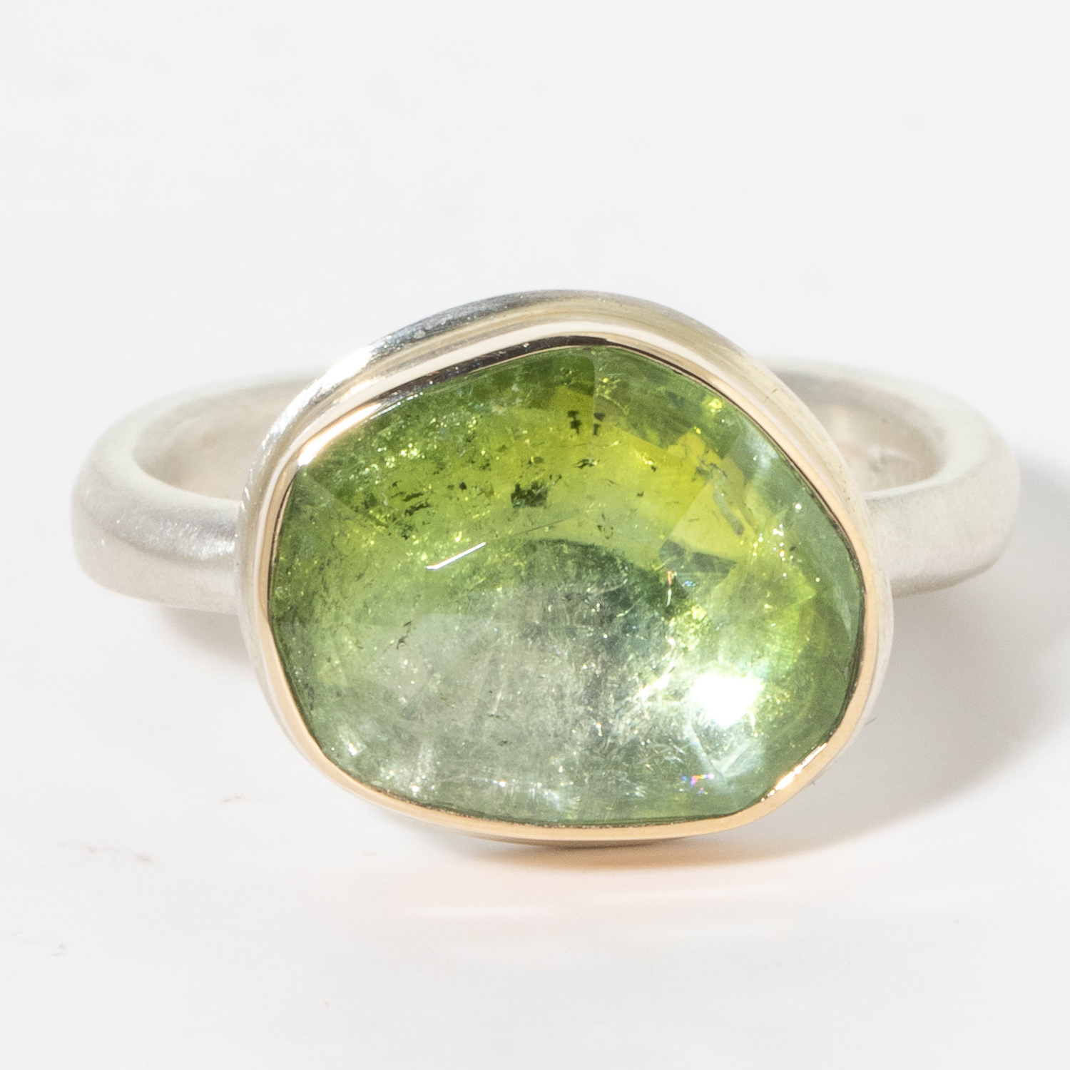 Jamie Joseph: Sterling & 14K Gold Ring w/ Small Asymmetrical Faceted GREEN TOURMALINE on Egyptian Band, size 7.5, 3/8" x 1/2"