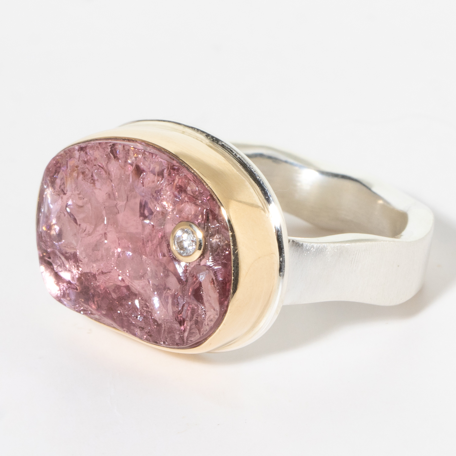 Jamie Joseph: Sterling & 14K Gold Ring w/ Vertical Asymmetrical Surface PINK TOURMALINE on Live Edge Band and .03 Pt Diamond, size 7.5, 1/2" x 11/16"