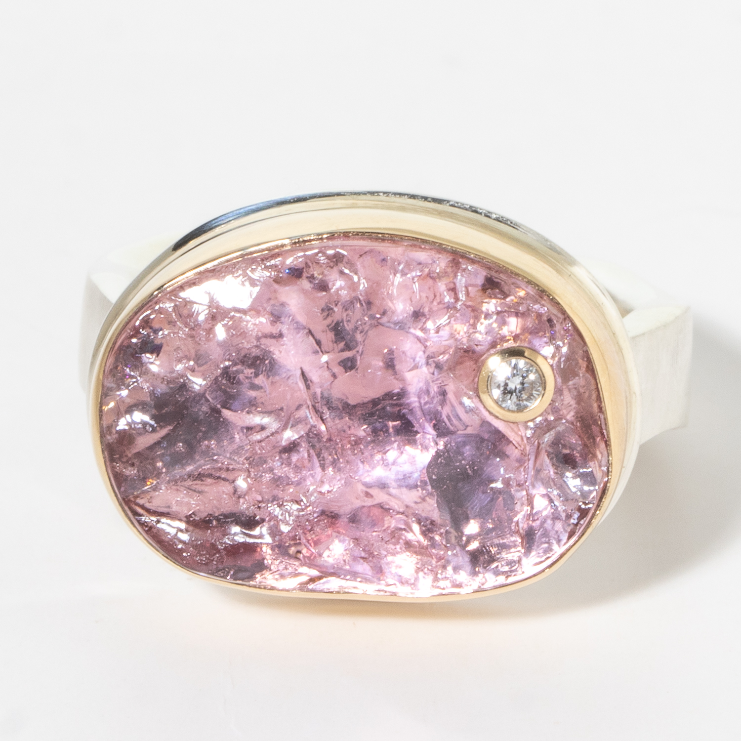Jamie Joseph: Sterling & 14K Gold Ring w/ Vertical Asymmetrical Surface PINK TOURMALINE on Live Edge Band and .03 Pt Diamond, size 7.5, 1/2" x 11/16"