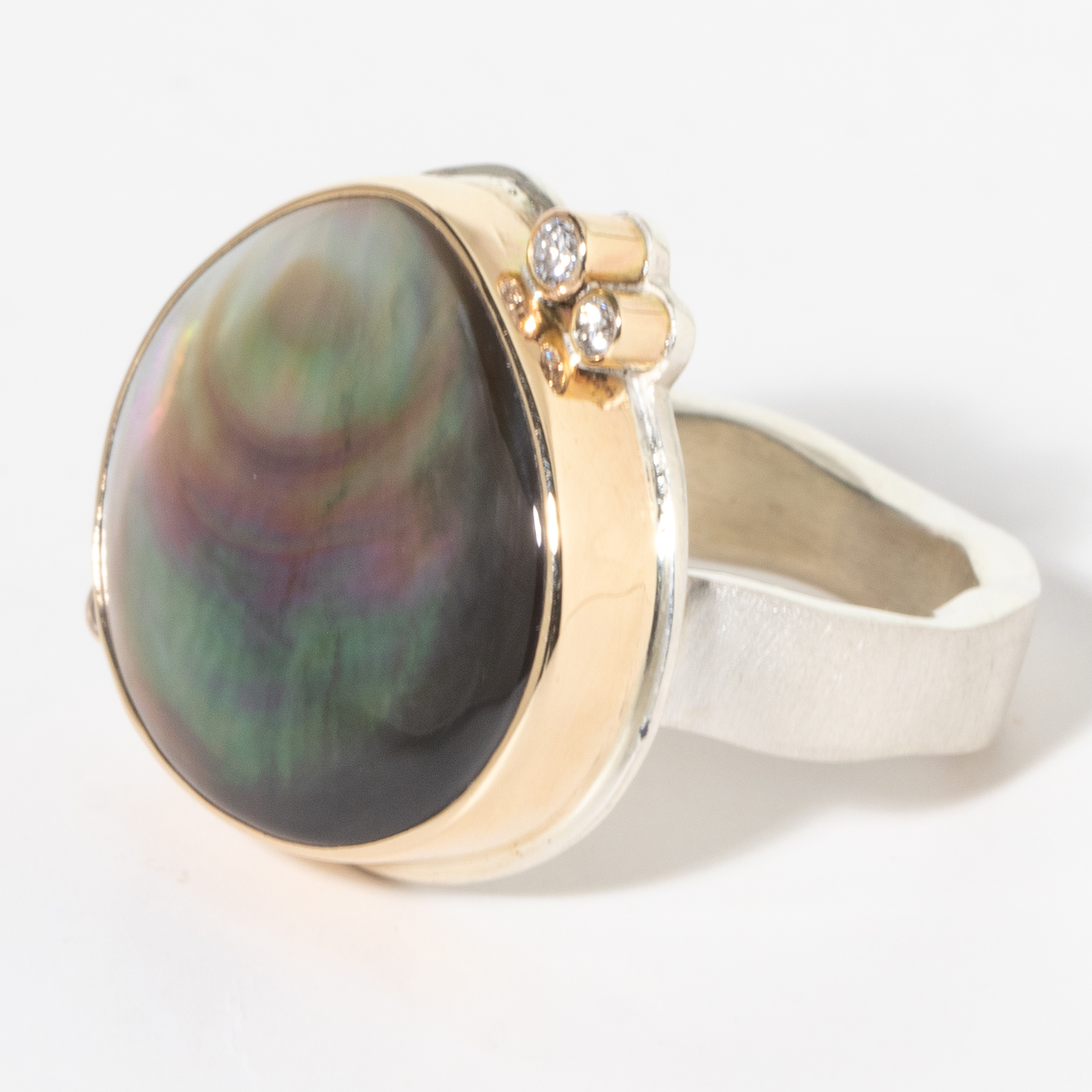 Jamie Joseph: Sterling & 14K Gold Ring w/ Asymmetrical Smooth BLACK MOTHER OF PEARL & Triple Satellite Diamonds on Live Edge Band (.08 TCW), size 7.5, 11/16" x 11/16"