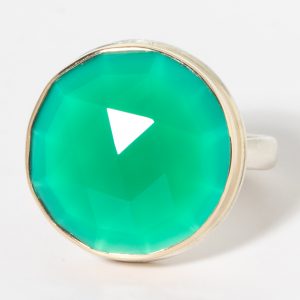 Jamie Joseph: Sterling & 14K Gold Ring w/ Round Rose Cut GREEN ONYX on Middle Organic Band, size 7.25, 11/16" diameter