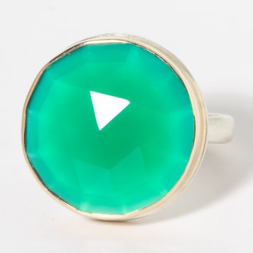 Jamie Joseph: Sterling & 14K Gold Ring w/ Round Rose Cut GREEN ONYX on Middle Organic Band, size 7.25, 11/16" diameter