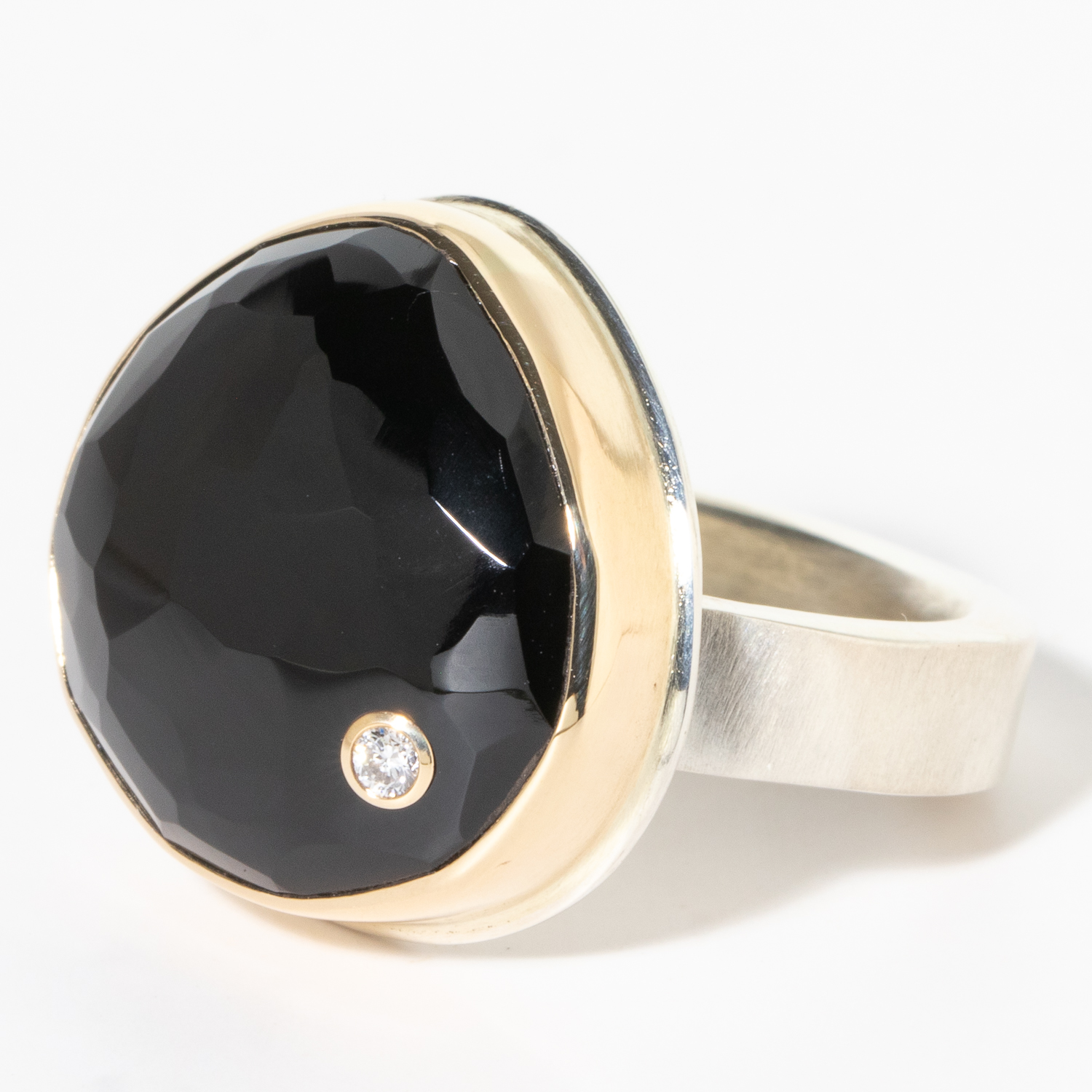 Jamie Joseph: Sterling & 14K Gold Ring w/ Asymmetrical Hand Faceted BLACK ONYX & .03 ct Diamond on Y Band, size 7.5, 11/16" x 11/16"