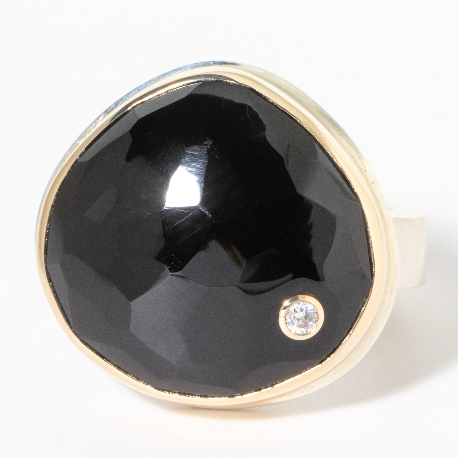 Jamie Joseph: Sterling & 14K Gold Ring w/ Asymmetrical Hand Faceted BLACK ONYX & .03 ct Diamond on Y Band, size 7.5, 11/16" x 11/16"