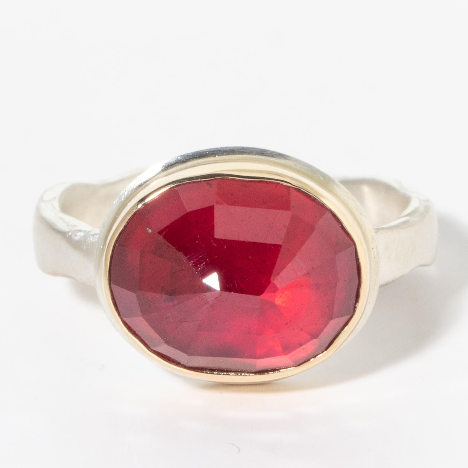 Jamie Joseph: Sterling & 14K Gold Ring w/ Oval Inverted AFRICAN RUBY on Eroded Live Edge Band, size 7.5, 3/8" x 7/16"