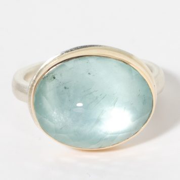 Jamie Joseph: Sterling & 14K Gold Ring w/ Oval Inverted AQUAMARINE on Middle Organic Band, size 7.5, 1/2" x 5/8"