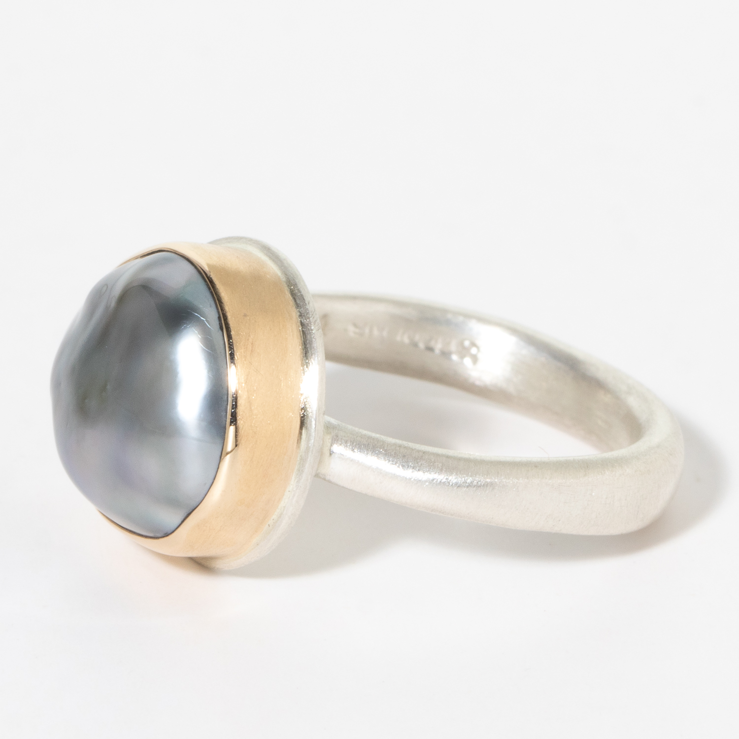 Jamie Joseph: Sterling & 14K Gold Ring w/ Small Asymmetrical TAHITIAN CULTURED PEARL on Egyptian Band, size 7, 7/16" x 1/2"