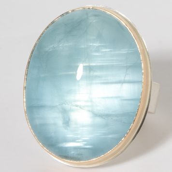 Jamie Joseph: Sterling & 14K Gold Ring w/ Large Oval Smooth AQUAMARINE on Z Band, size 8, 1 1/16" x 13/16"