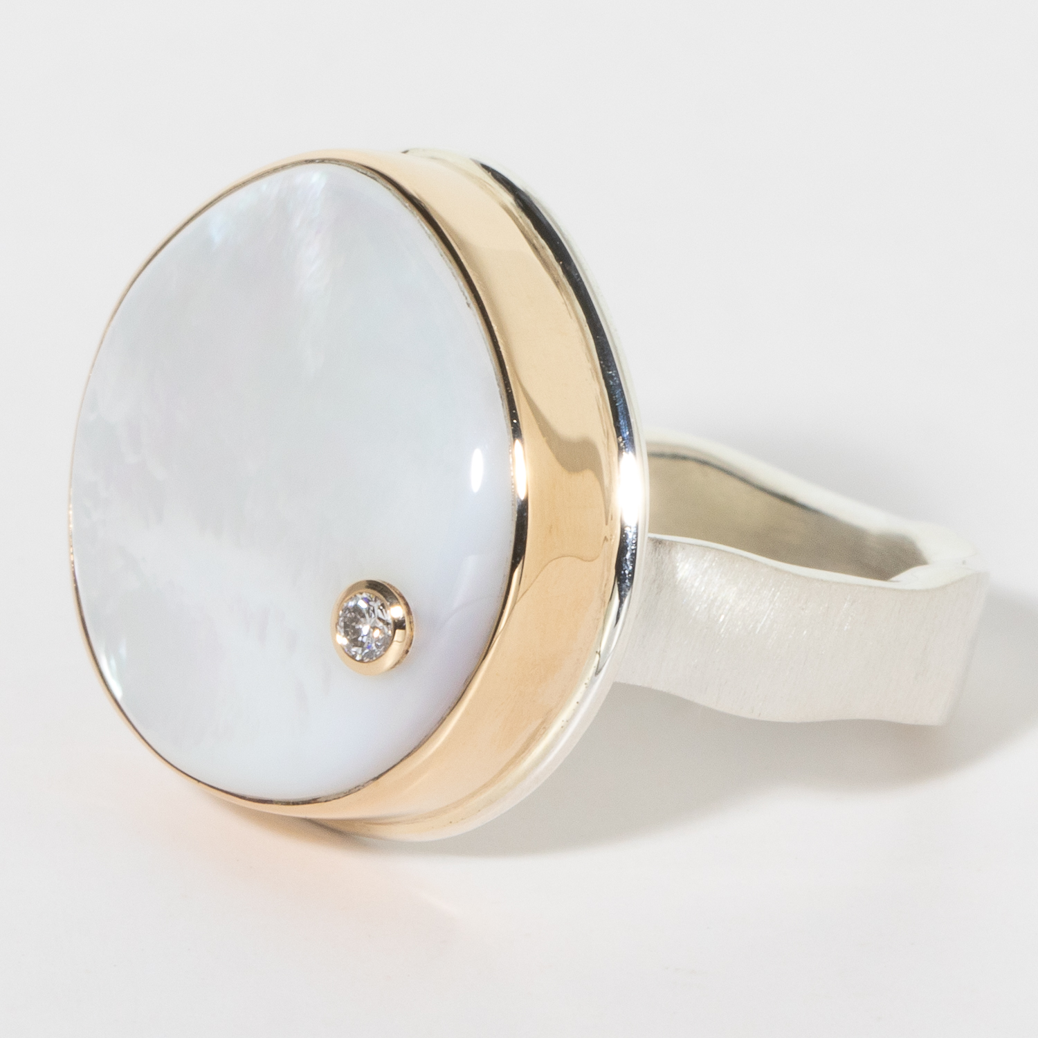 Jamie Joseph: Sterling & 14K Gold Ring w/ Smooth Asymmetrical MOTHER OF PEARL & .03ct Diamond on Live Edge Band, size 7.75, measures 11/16" x 11/16"