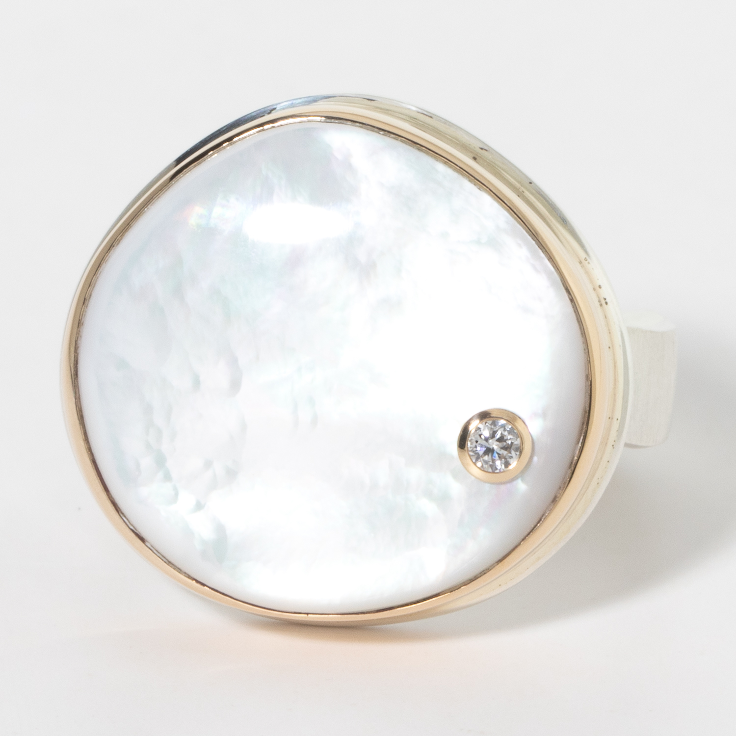 Jamie Joseph: Sterling & 14K Gold Ring w/ Smooth Asymmetrical MOTHER OF PEARL & .03ct Diamond on Live Edge Band, size 7.75, measures 11/16" x 11/16"