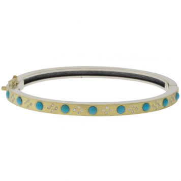 Rene Escobar:4MM Daphne TURQUOISE ,SILVER BANGLE WITH YG TOP SHEET SET WITH TURQ & WH DIA