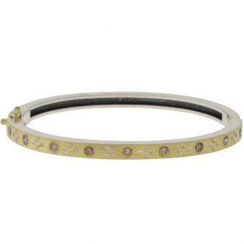 Rene Escobar:DAPHNE BANGLE  4MM SILVER BANGLE WITH YG TOP SHEET SET WITH CHAMPAGNE AND WH DIAMONDS.