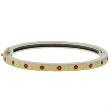 Rene Escobar:4MM SILVER BANGLE WITH YG TOP SHEET SET WITH RUBIES AND WH DIAMONDS.