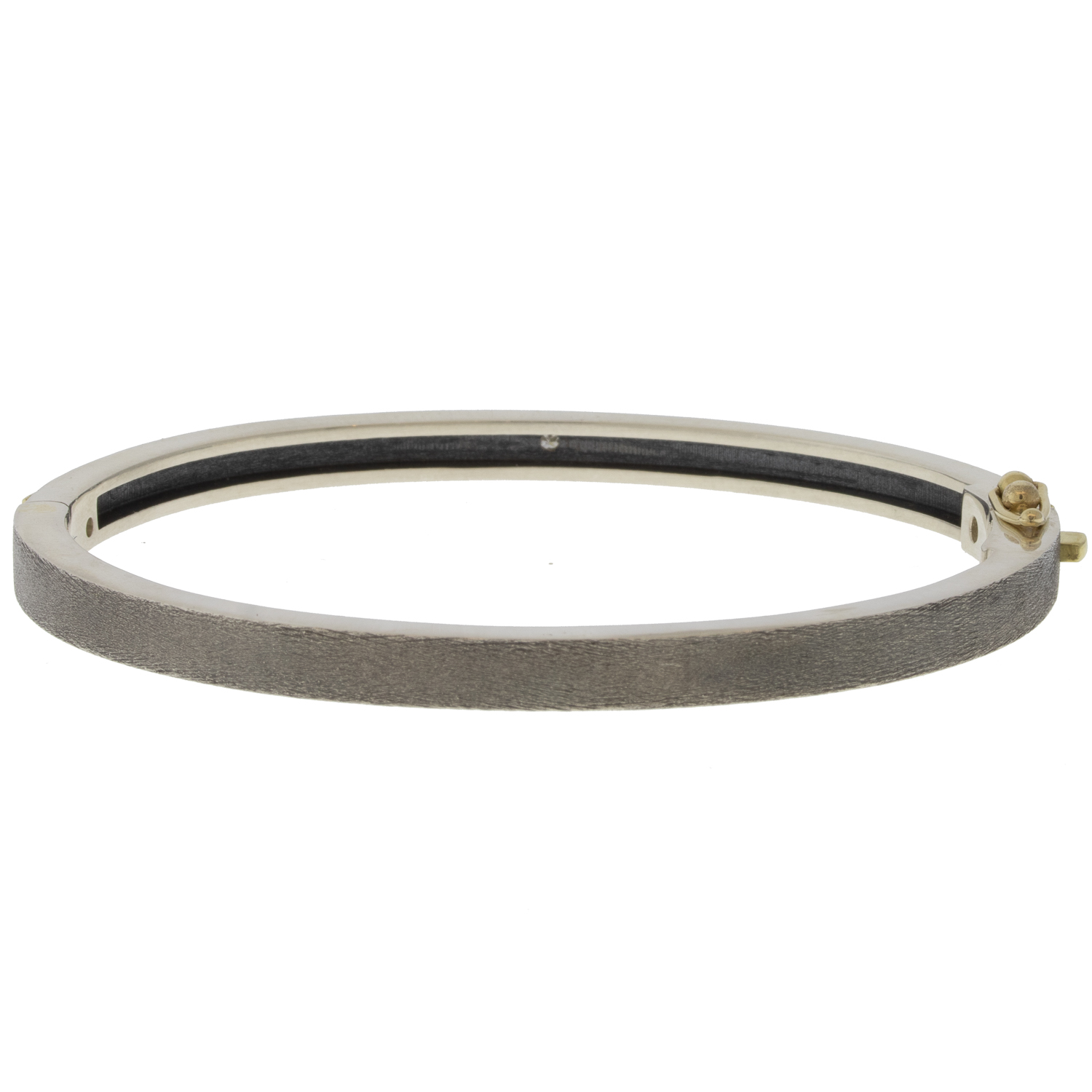 Rene Escobar :PRINCESS 4MM. SS hinged bangle featuring an 18k YG push button style clasp and set with 3 18k YG bezels PRINC cut 0.45CT in WH diamonds.