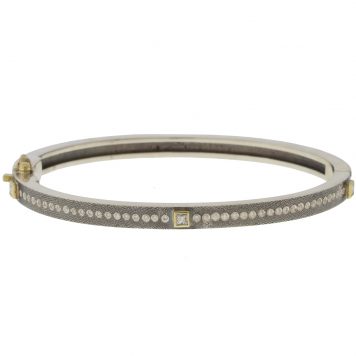 Rene Escobar :PRINCESS 4MM. SS hinged bangle featuring an 18k YG push button style clasp and set with 3 18k YG bezels PRINC cut 0.45CT in WH diamonds.