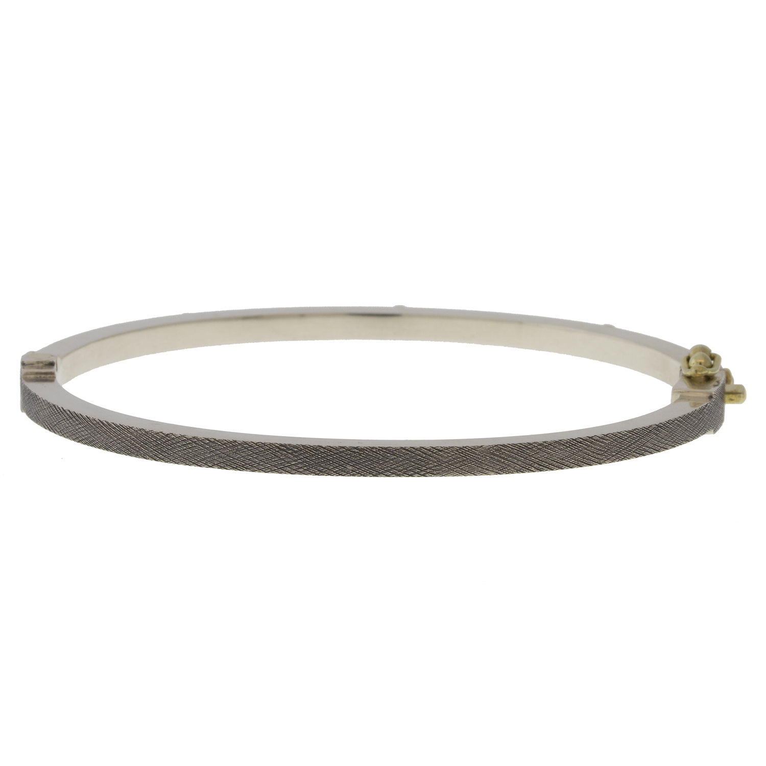 Rene Escobar Trunk Show:24 0.25CT 2.5MM. SS hinged bangle featuring an 18k YG push button style clasp and 5 18k YG bezels set with 0.25CT of EME.