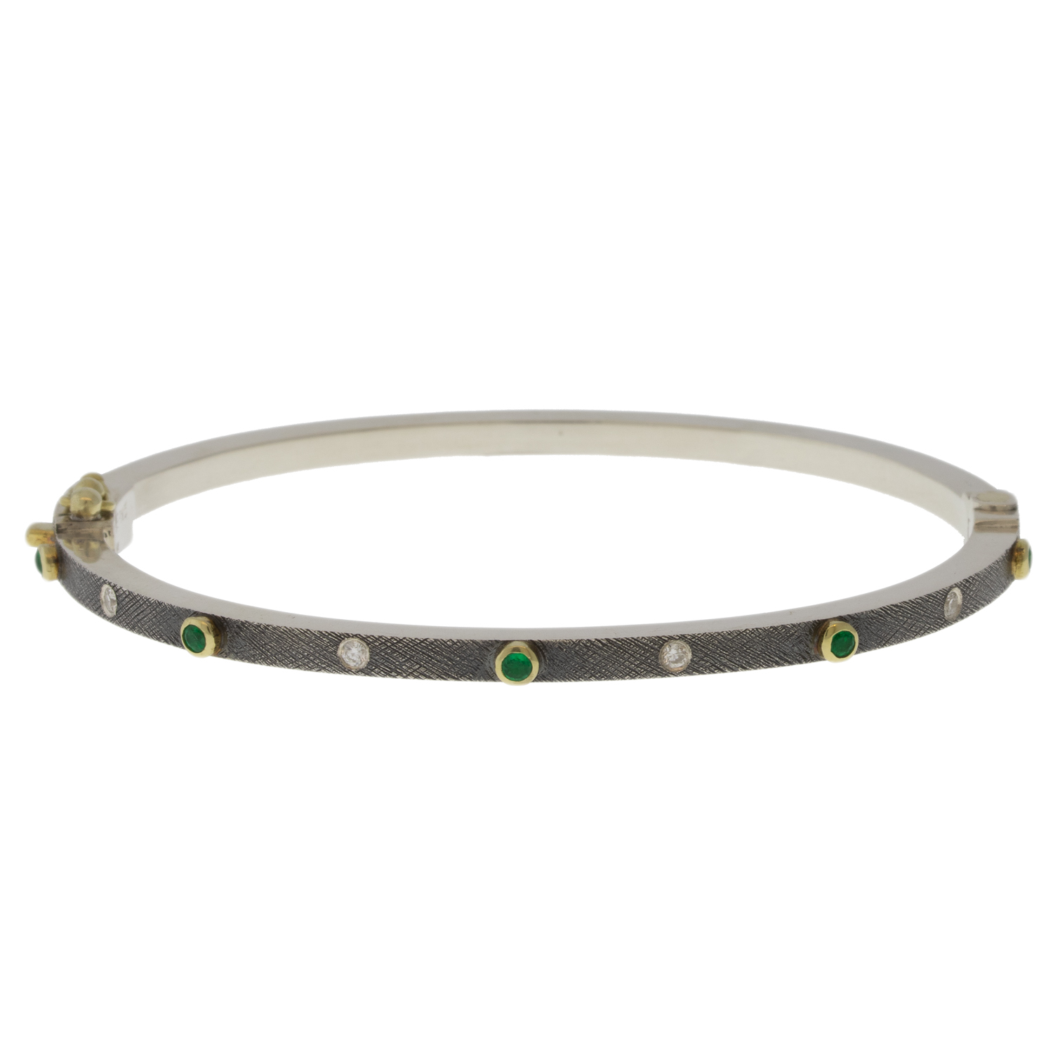 Rene Escobar Trunk Show:24 0.25CT 2.5MM. SS hinged bangle featuring an 18k YG push button style clasp and 5 18k YG bezels set with 0.25CT of EME.