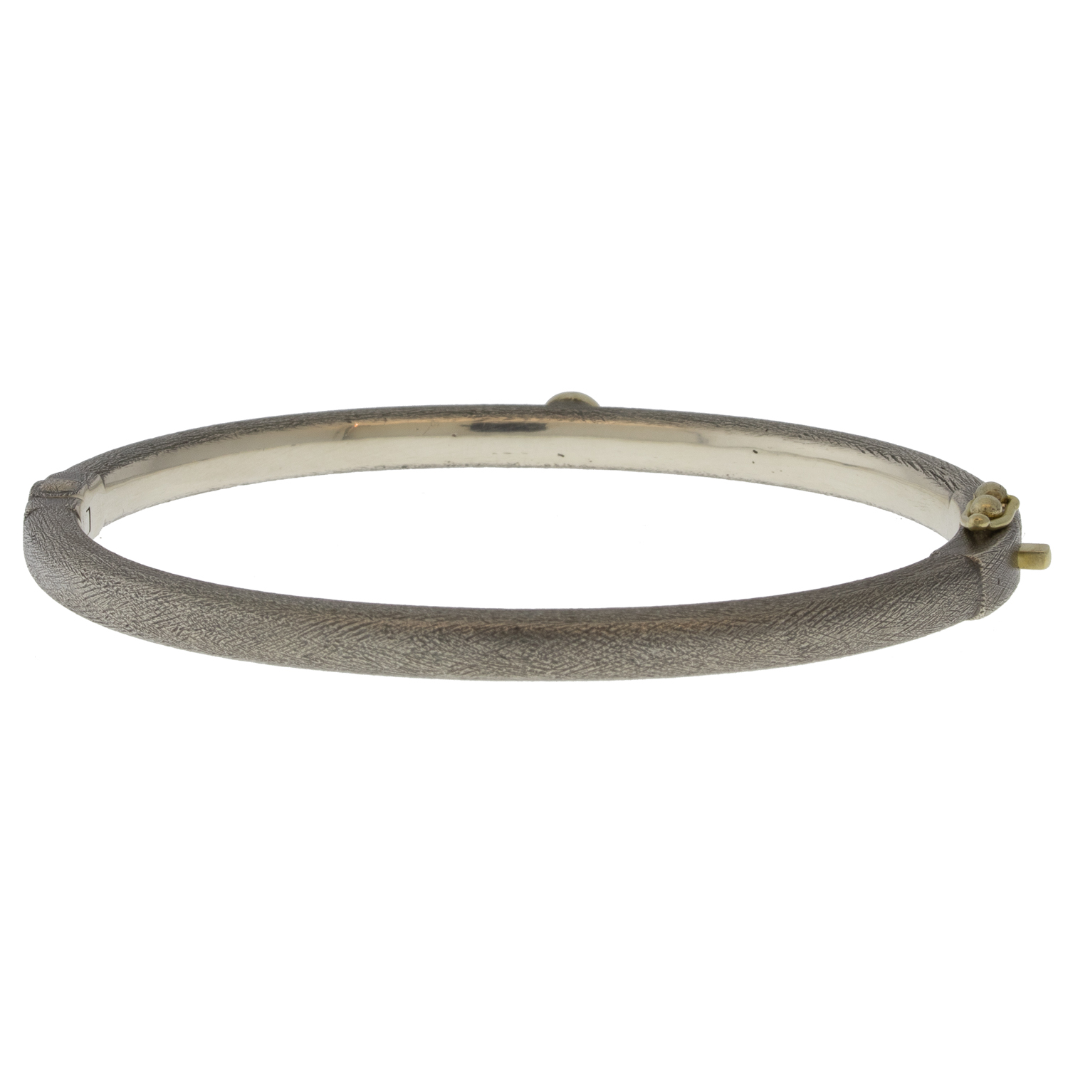 Rene Escobar Trunk Show:22 4MM. SS hinged bangle featuring an 18k YG push button style clasp and 18k YG bezel with RND cut 0.40ct of WH diamonds.