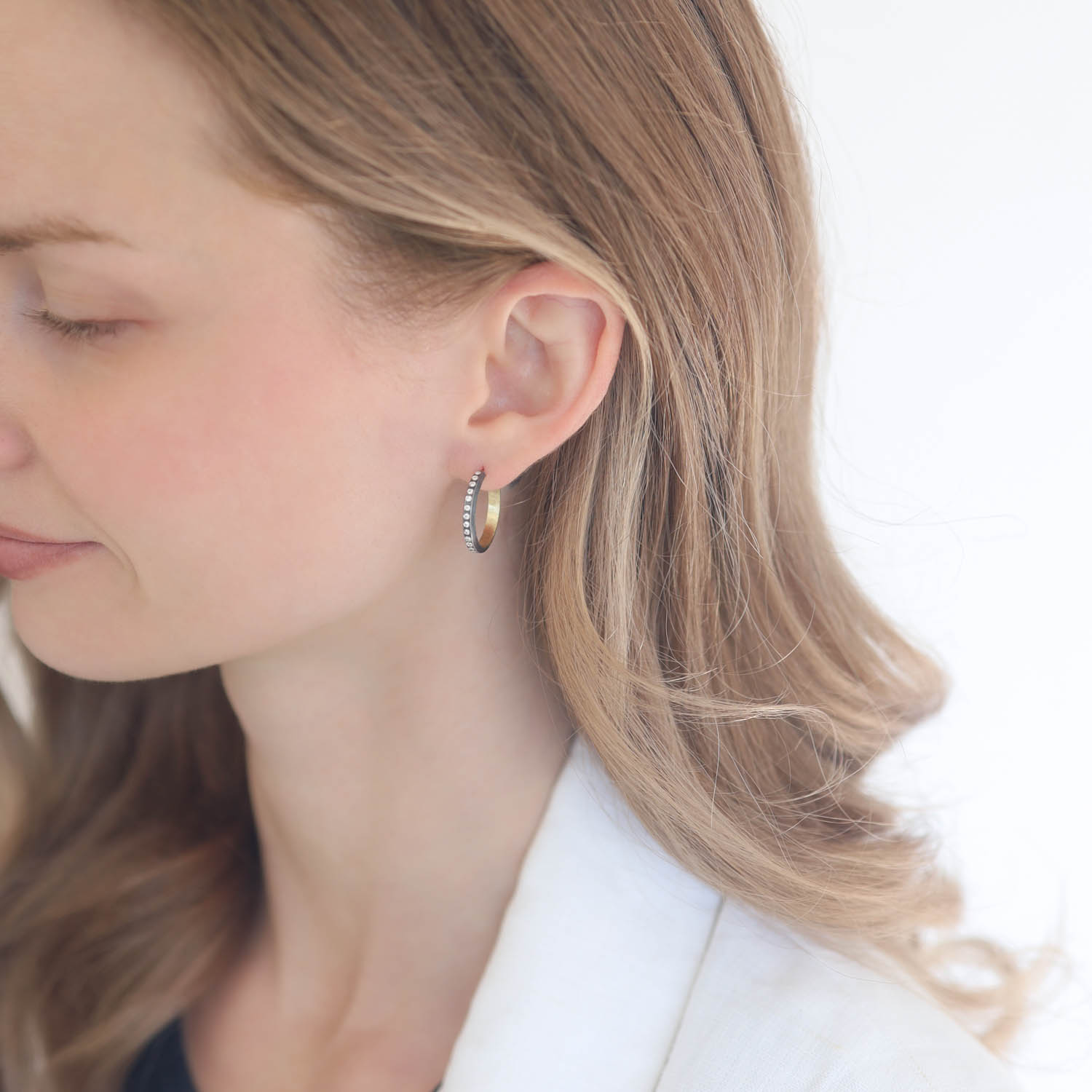 Rene Escobar: SILVER HOOP EARRINGS SET WITH WH DIAMONDS AND YG TOP SHEET ON THE INSIDE