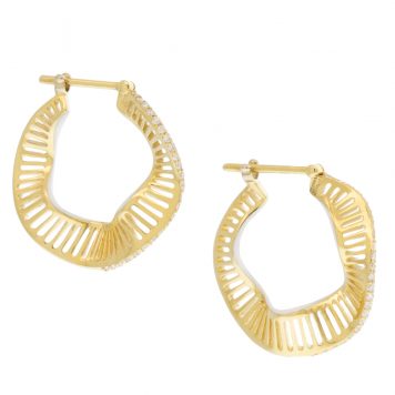L'atelier Nawbar:Wave Hoops Size 2,Handmade 18K gold earrings encrusted with 0.21 ct white diamonds and inlaid with white handpainted enamel. Weight: 4.3 gr