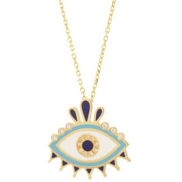 L'atelier Nawbar:Queen Eye Pendant,Handmade 18 ct gold pendant encrusted with 0.07 ct of white diamonds and handpainted white, blue, navy enamel. Weight: 5gr