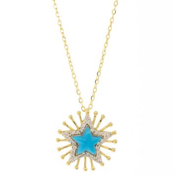 L'atelier Nawbar:Mini Spiky Star Turquoise,Handamde 18K yellow gold necklace encrusted with 0.02 ct white diamonds and hand carved turquoise stone.  Weight: 2.3 gr