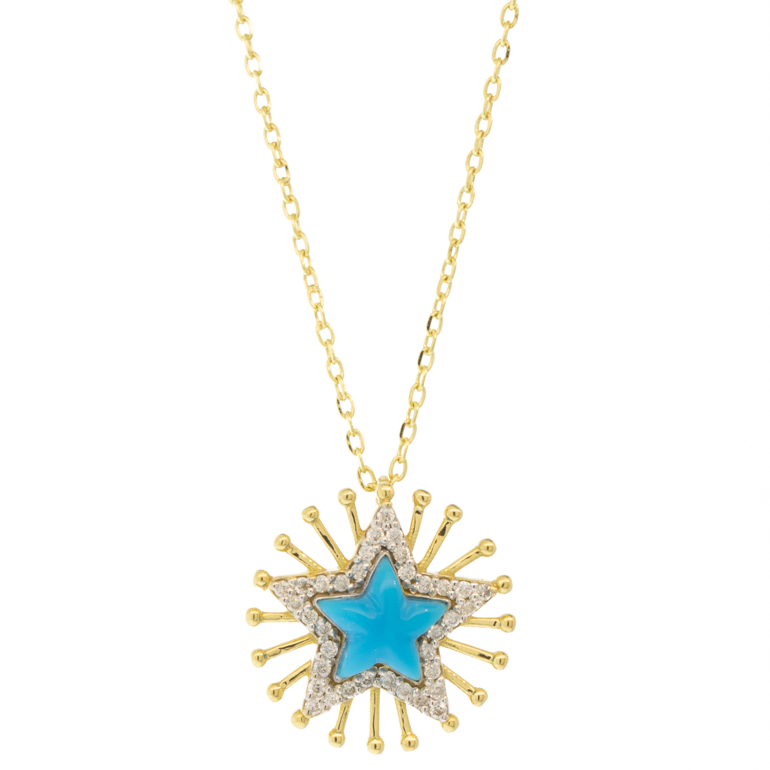 L'atelier Nawbar:Mini Spiky Star Turquoise,Handamde 18K yellow gold necklace encrusted with 0.02 ct white diamonds and hand carved turquoise stone. Weight: 2.3 gr