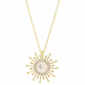 L'atelier Nawbar:Mini Spiky Sun MOP, Handamde 18 ct yellow gold necklace encrusted with 0.02 ct white diamonds and hand carved WMOP stones.  Weight: 2.2 gr
