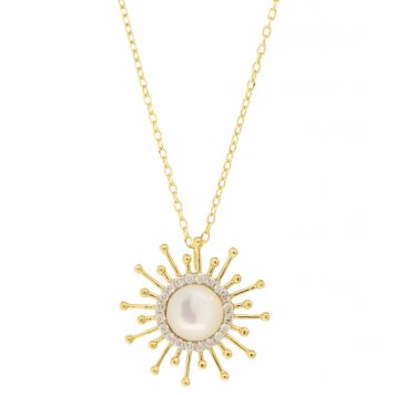 L'atelier Nawbar:Mini Spiky Sun MOP, Handamde 18 ct yellow gold necklace encrusted with 0.02 ct white diamonds and hand carved WMOP stones.  Weight: 2.2 gr
