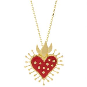 L'atelier Nawbar:Flame Heart necklace,RED Handmade 18K gold necklace inlaid with red coral stone and encrusted with 0.03 ct of round white diamonds. Weight : 4.35 gr.