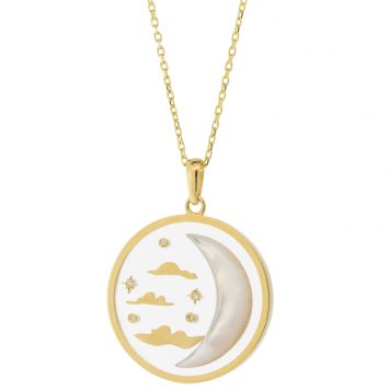 L'atelier Nawbar:Wish Upon a Moon Necklace,18 ct gold necklace encrusted 0.0 25 ct if diamonds and inlayed with white mother of pearl stones. Weight: 4.75 gr