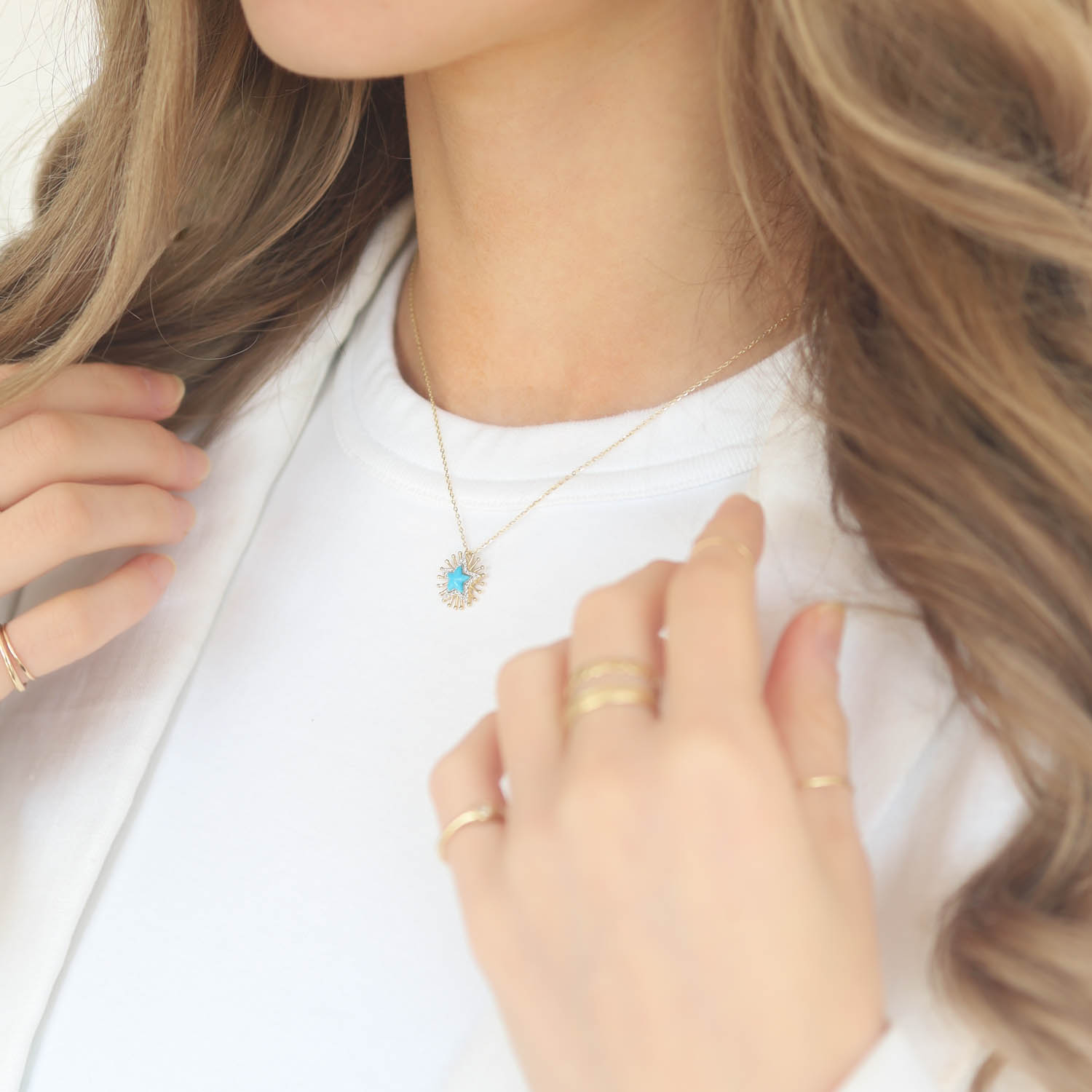 L'atelier Nawbar:Mini Spiky Star Turquoise,Handamde 18K yellow gold necklace encrusted with 0.02 ct white diamonds and hand carved turquoise stone. Weight: 2.3 gr