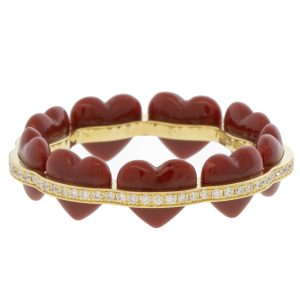 L'atelier Nawbar:Atom Heart Ring BURGUNDY,Handmade 18K gold ring inlaid with dark red enamel encrusted in 0.28 ct of round white diamonds . Weight 2.34 gr