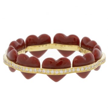 L'atelier Nawbar:Atom Heart Ring BURGUNDY,Handmade 18K gold ring inlaid with dark red enamel encrusted in 0.28 ct of round white diamonds . Weight 2.34 gr