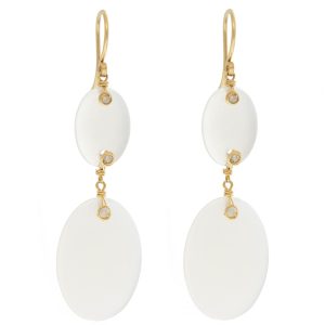 Dana Kellin Fine: Earrings, White Moonstone double drop, large & small stone, grey diamond, 14k