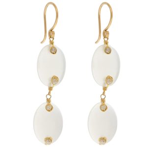 Dana Kellin Fine: Earrings, White Moonstone double drop, grey diamond, 14k