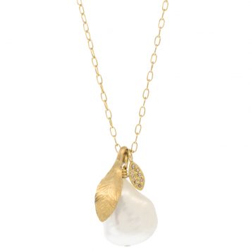 Dana Kellin Fine: Necklace, Pearl w/ gold leaf charm & pave charm, 14k & diamonds