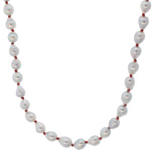 Hannah Blount: Custom Single Strand, Little Blue Akoya Pearls, 14k Clasp, Coral Silk