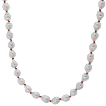 Hannah Blount: Custom Single Strand, Little Blue Akoya Pearls, 14k Clasp, Coral Silk
