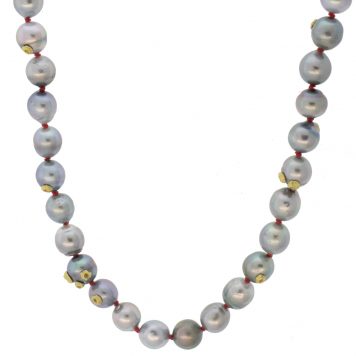 Hannah Blount: Custom Solunar Tide Tahitian Pearl Ruthie B Necklace with Barnacles, Red Silk, 18k, 18"
