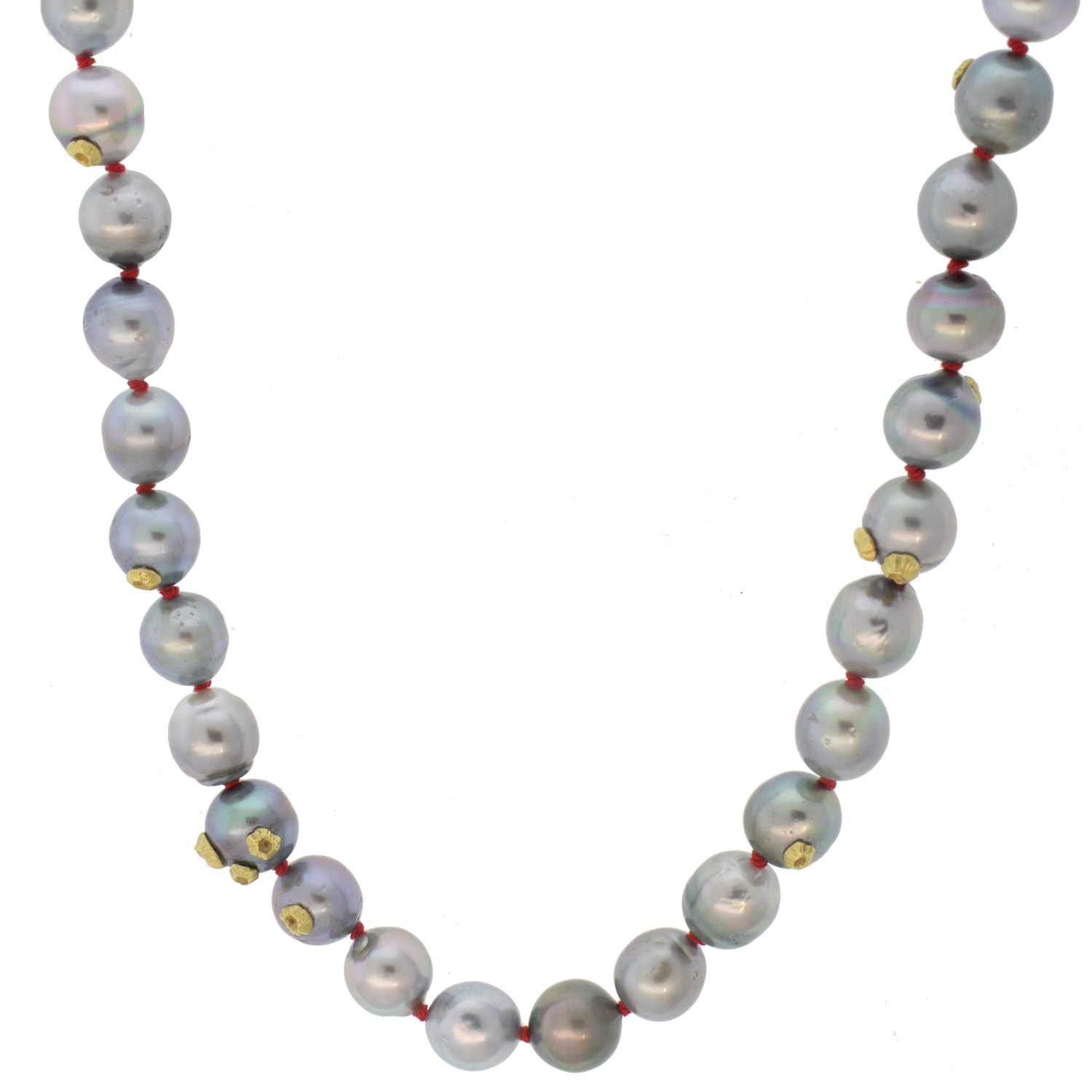 Hannah Blount: Custom Solunar Tide Tahitian Pearl Ruthie B Necklace with Barnacles, Red Silk, 18k, 18"